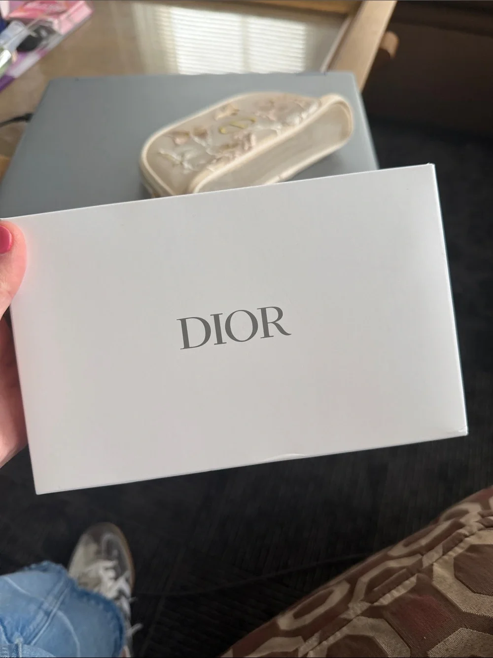 Dior Beige Floral & Butterfly Embroidered Cosmetic Pouch and gift box